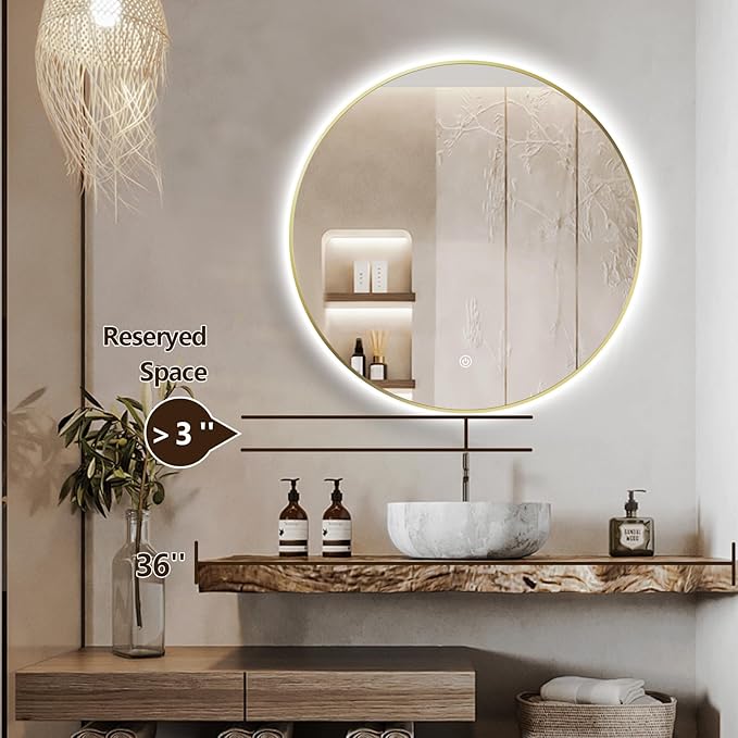 30" Round LED Bathroom Mirror, Wall Mounted Round Backlit Mirror LED Bathroom Vanity Mirror with Light Fog Free Circle Lighted Mirror with Shiny Gold Frame, Smart Light up Mirror 3-Color