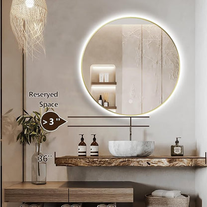 30" Round LED Bathroom Mirror, Wall Mounted Round Backlit Mirror LED Bathroom Vanity Mirror with Light Fog Free Circle Lighted Mirror with Shiny Gold Frame, Smart Light up Mirror 3-Color