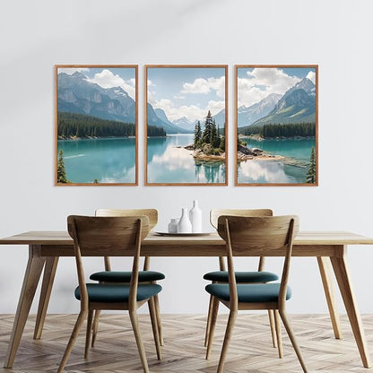 HLNIUC Lake Mountain Landscape Framed Canvas Wall Art,Large Pine Tree Forest Wall Decor,River Island Artwork Set of 3 (24x36),Blue Green Modern Nature Scenery Prints for Living Room,Bedroom,Office