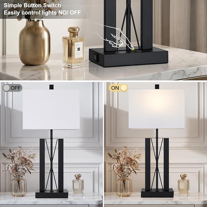 Lolikit 25" Table Lamps for Living Room Set of 2, Modern Table Lamp with 2 USB Charging Ports, Nightstand Geometric Bedside Lamp with White Shade for Bedroom End Table Desk Office(2 LED Bulb Included)
