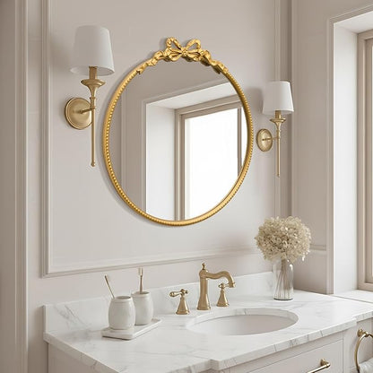 Besdomus Gold Round Bow Mirror: 27" Modern Circle Bathroom Vanity Mirror - Baroque Traditional Ornate Beaded Decorative for Wall/Cloakroom/Bedroom/Dressing Room - Ideal for Fashion Conscious Women