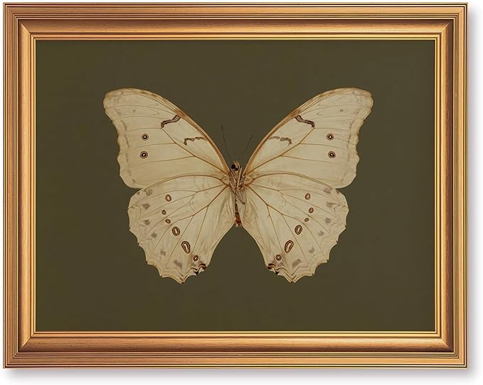 JLTULT Gold Frame White Butterfly Wall Art Print on Dark Green Background, Vintage Framed Wall Decor for Living Room, Bedroom, Office 16x24 Inch Fade-Resistant Print Easy to Hang