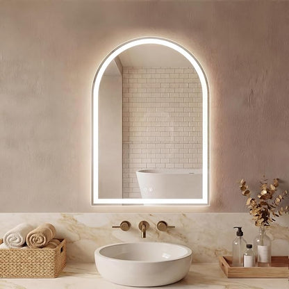 Sweetcrispy 24“×32” LED Bathroom Backlit Mirror with Lights, Arched Vanity Mirror with Anti-Fog, Dimmable, 3-Color Light, Memory Function, Tempered Glass
