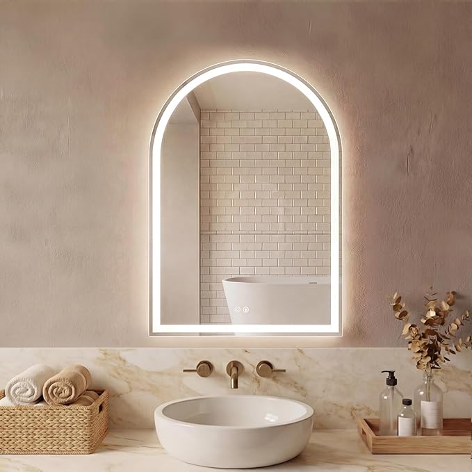 DUMOS 24"×32" LED Bathroom Mirror with Lights, Arched Vanity Mirror with Anti-Fog, Dimmable, 3-Color Light, Memory Function, Front Light and Backlit, Tempered Glass