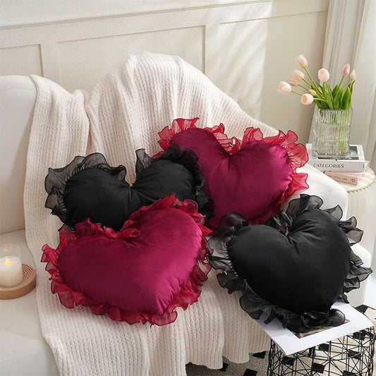 MOJUN Heart Throw Pillows, Red Heart Shaped Pillow with Ruffles Cute Soft Love Heart Pillow Decorative Throw Pillows Cushion for Sofa Couch Bed Living Room Decor