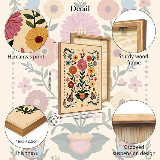 HLNIUC Vintage Flower Wall Art Canvas,Desert Plant Wall Art,Flower Butterfly Artwork,Retro Floral Painting,Cactus Painting,Botanical Framed Decor,William Morris Prints for Living Room Bedroom- 24x36x3