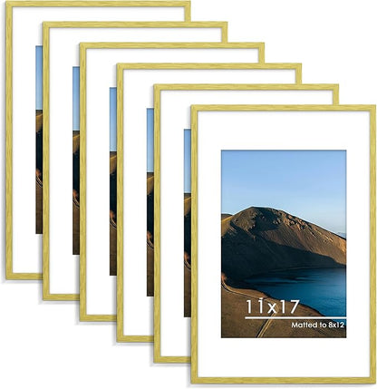 PEALSN 11x17 Picture Frame Set of 6, Display Pictures 8x12 with Mat or 11 x 17 without Mat for Wall Mounting Display, Photo Frames Collage for Wall Decor, Gold