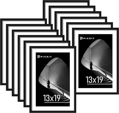Picrit 13x19 Poster Frame Set of 12, Display Pictures 11 x 17 with Mat or 13 x 19 without Mat, Black Wall Gallery Photo Frames Display for Home Decor