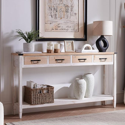 RUSTOWN Farmhouse Console Table with 4 Drawer, 60" Long Rustic Entryway Table with Open Storage Shelves and Handmade Metal Handle, Narrow Foyer Sofa Table for Living Room, Entryway, Hallway(White)