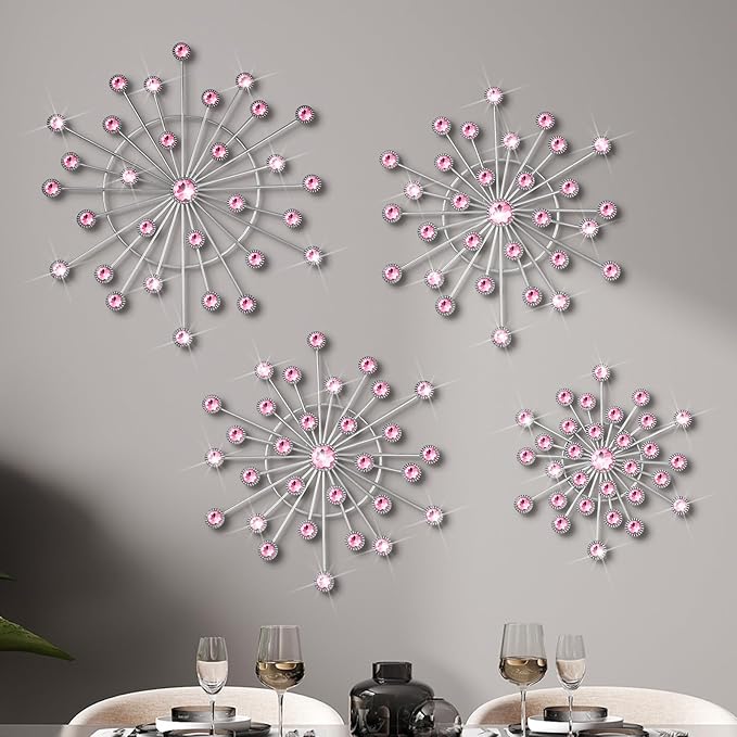 Blulu 4 Pcs Pink Metal Wall Decor Bling Crystal Wall Art Cast Iron Rhinestones Sunburst Decor Starburst Art Hanging Diamond Accents Decorative for Living Room Bedroom Entryway