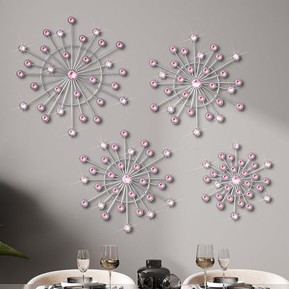 Blulu 4 Pcs Pink Metal Wall Decor Bling Crystal Wall Art Cast Iron Rhinestones Sunburst Decor Starburst Art Hanging Diamond Accents Decorative for Living Room Bedroom Entryway