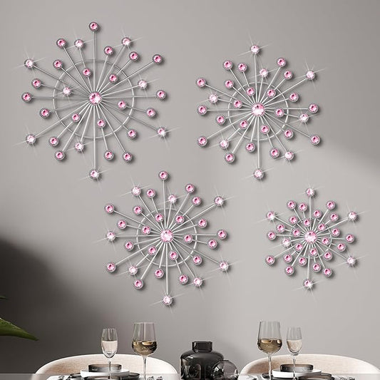 Blulu 4 Pcs Pink Metal Wall Decor Bling Crystal Wall Art Cast Iron Rhinestones Sunburst Decor Starburst Art Hanging Diamond Accents Decorative for Living Room Bedroom Entryway