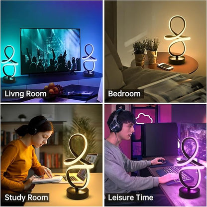 EIDISUNY Modern RGB Table Lamps, Multicolor Changing Spiral Bedside Lamp with Remote&APP, Cool Table Lamp, Dimmable LED Nightstand Lamp with Music Rhythm Modes for Bedroom, Living Room, Black(2 Pack)