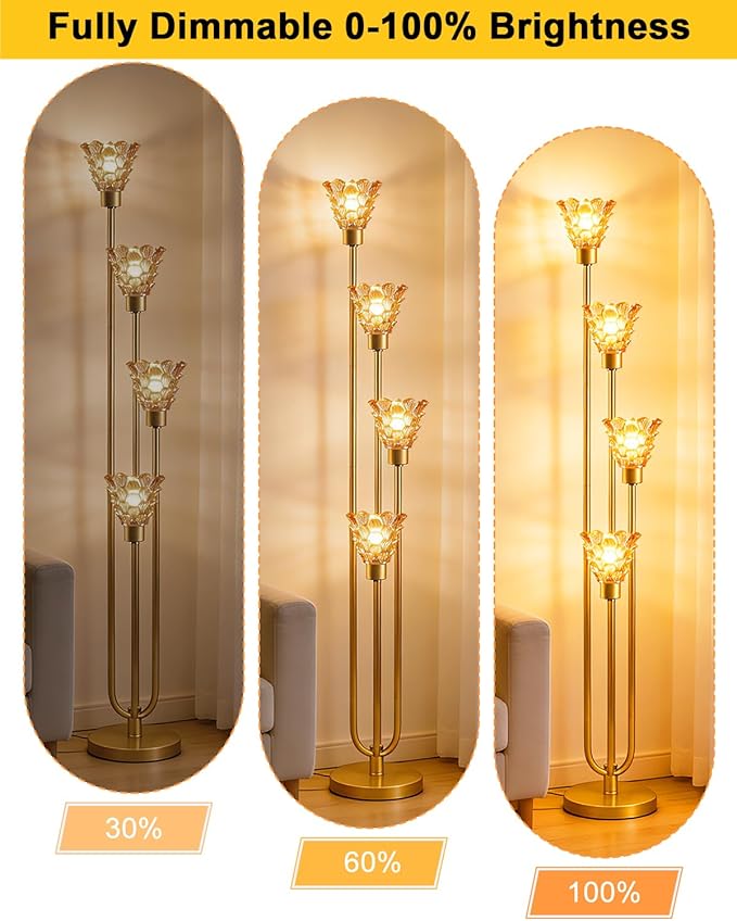 63IN 4-Lights Glass Floor Lamp Modern Dimmable Floor Lamps with Amber Glass Shade& Warm White Bulbs for Wedding/Party, Gold Tall Standing Lamp with 5Lbs Heavy Base for Living Room/Bedroom