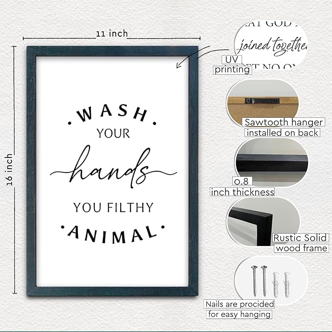Wash Your Hands Ya Filthy Animal Sign 16"×11" Bathroom Restroom Toilet Laundry Room Humorous Wall Art Decor Funny Quote Washroom for Wood Framed Wall Hanging (Black)