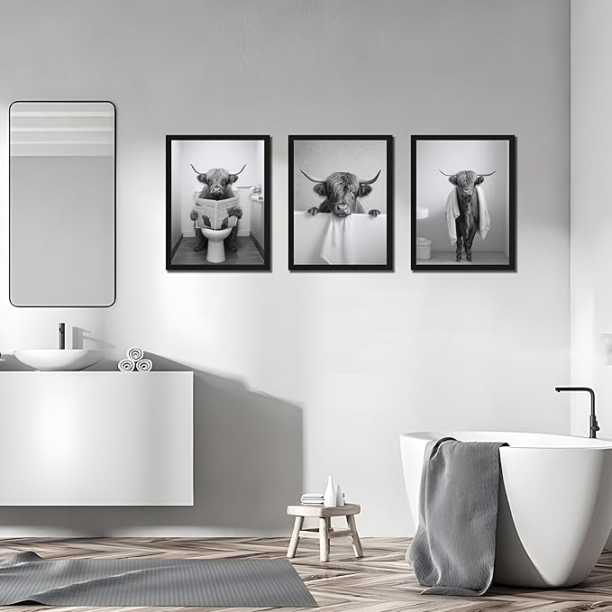Black Wood Framed Funny Bathroom Highland Cow Wall Art, Black and White Cute Cow Animal Canvas Wall Decor Paintings Set of 3, Vintage Rustic Farmhouse Posters Prints for Bathroom Restroom 12x16 Inch