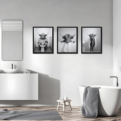 Black Wood Framed Funny Bathroom Highland Cow Wall Art, Black and White Cute Cow Animal Canvas Wall Decor Paintings Set of 3, Vintage Rustic Farmhouse Posters Prints for Bathroom Restroom 12x16 Inch