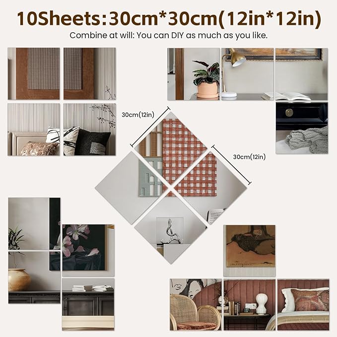 Abyssaly Mirror Stickers for Walls 10 Packs Self Adhesive Stick on Mirrors Tiles Small Peel and Stick Mirror Tiles 2mm Unbreakable Wall Mirrors Decorative Sheets for Kitchen 7.8''x7.8''