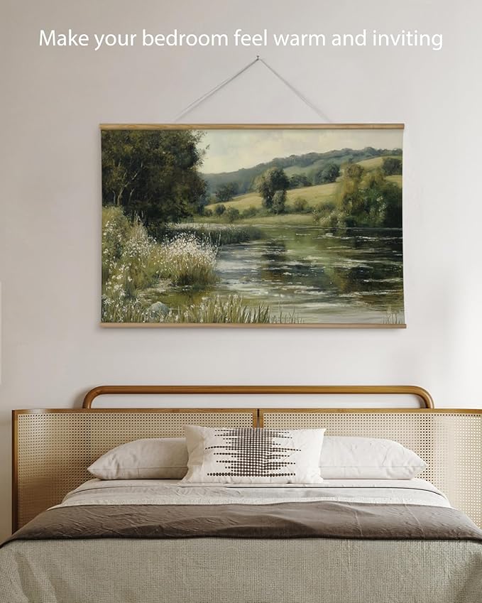 ARPEOTCY Extra Large Vintage Framed Wall Art, 36x54 Inch River Landscape Hanging Framed Canvas Prints Scroll Wall Art Decor for Living Room Bedroom, Retro Scenery Pictures Above of Bed