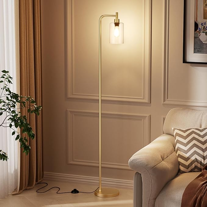 Ziisee Floor Lamps for Living Room - Industrial Standing Lamp with Glass Shade, Modern Gold Floor Lamp with LED Bulbs, Farmhouse Floor Lamp for Bedroom, Tall Lamp for Office - Gold