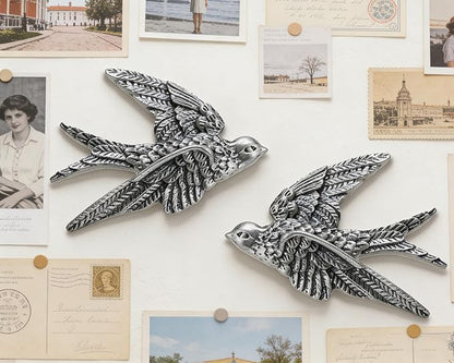 AMOIENSIS Bird Wall Sculpture Art, (Set of 2) 4¾ inch Resin Metallic Silver Bird 3D Sculpted Floating Hanging Wall Sculpture Decoration