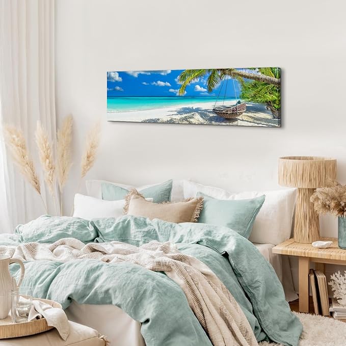Nature Coastal Scenery Wall Art Tropical Ocean Wall Decor Seascape Coconut Trees on Sands Beach Canvas Picture Photo Nautical Bathroom Painting Blue Sea Coastline Poster Artwork Decorations 14x48”