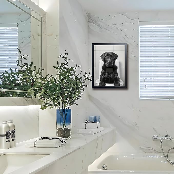 Black and White Bathroom Wall Art, Funny Labrador Dog Canvas Prints Poster, Cute Animal Sitting on Toilet Looking at Phone Picture, Modern Farmhouse Restroom Bathroom Home Wall Decor 12x16 Inch Framed