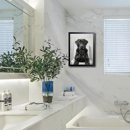 Black and White Bathroom Wall Art, Funny Labrador Dog Canvas Prints Poster, Cute Animal Sitting on Toilet Looking at Phone Picture, Modern Farmhouse Restroom Bathroom Home Wall Decor 12x16 Inch Framed