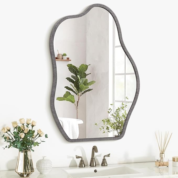 Irregular Wood Frame Asymmetrical Wall Mirror - Modern Unique Cloud Wall Mirror - Decorative Vanity Bathroom Living Room Bedroom Entryway Hallway Artistic Mirror - 26"x18"