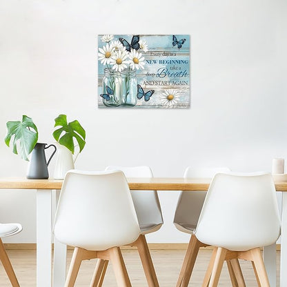 LB Rustic Daisy Butterfly Wall Art Every Day is a New Beginning Inspirational Quote Canvas Wall Art Farmhouse Floral Wall Decor for Bedroom Living Room Bathroom Framed Ready to Hang 16L x 20W