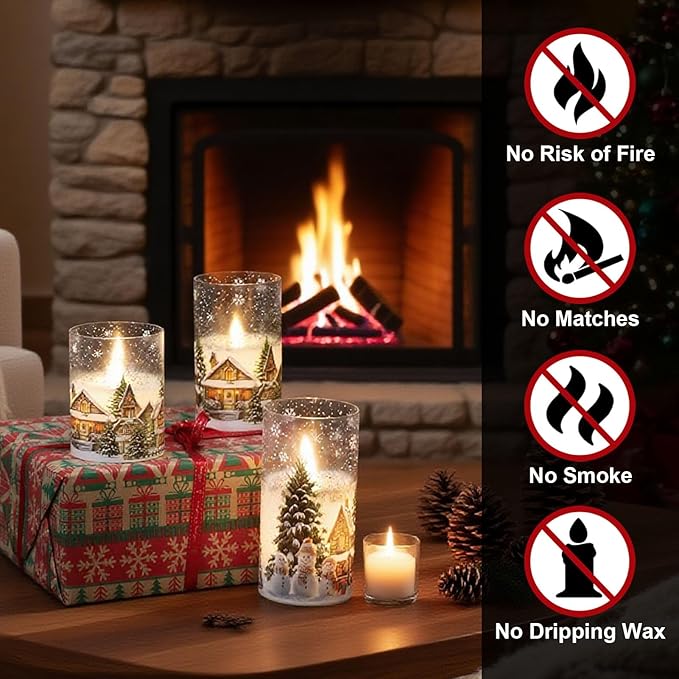 Snowman House Glass Flameless Candles Battery Operated with Remote and Timer Real Wax LED Flickering Pillar Candles Cold White Light Window Christmas Holiday Decor 3" D x 4", 5", 6" H
