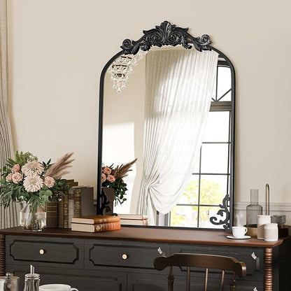 Koonmi Vintage Mirror, 26x38 Retro Wall Mounted Vanity Mirror, Tempered Glass, Detachable Flower Head, Black Antique Decorative Arched Mirrors for Bathroom Entryway Fireplace Hallway