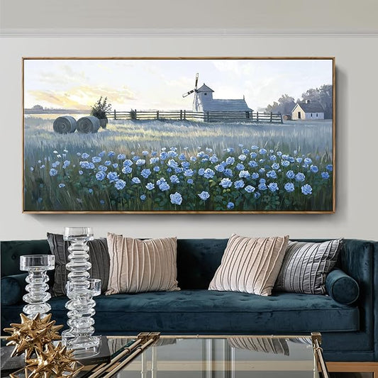 Oversize Framed Modern Wall Art, Natural Landscape Canvas Picture, Blue Rustic Farm Windmill And Floral Artwork For Living Rooms, Bedrooms, Hallways, Balconies, Dining Rooms, And Offices. 58X29 Inches.