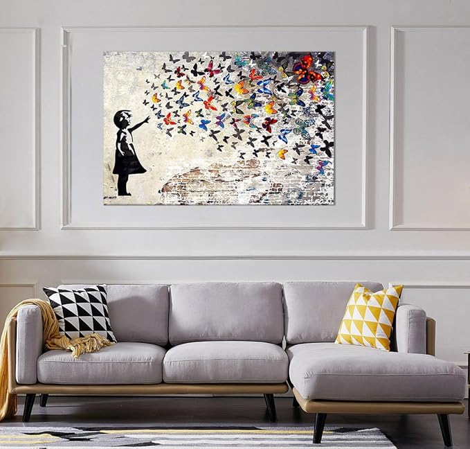 Banksy Wall Art Graffiti Street Giclee Canvas Paintings Poster and Prints Kid Wall Pictures girl Figure Street Picture Artwork Modern Framed Art for Home Wall Decor 24”Wx36”H