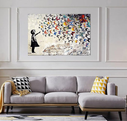 Banksy Wall Art Graffiti Street Giclee Canvas Paintings Poster and Prints Kid Wall Pictures girl Figure Street Picture Artwork Modern Framed Art for Home Wall Decor 24”Wx36”H