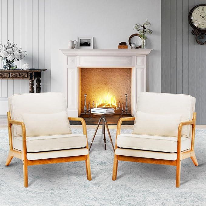 MALOL Accent Chair with Solid Wood Frame, Mid-Century Relaxing Armchair Lumbar Pillow& Soft Cushion, Reading Leisure Chair for Living Room, Bedroom, Waiting Room-Beige