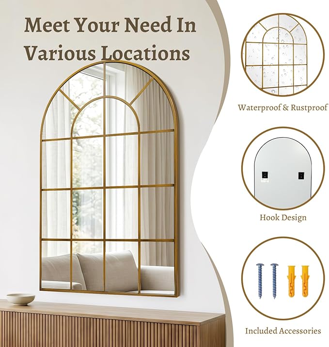 Anpark Arched Windowpane Wall Mirror 30"x48" Bronze Wall Mounted Art Pane Mirror Farmhouse Decorative Mirror Leaning Hanging Wall Mirror for Bedroom Living Room Entrance Hallway Wall Decor