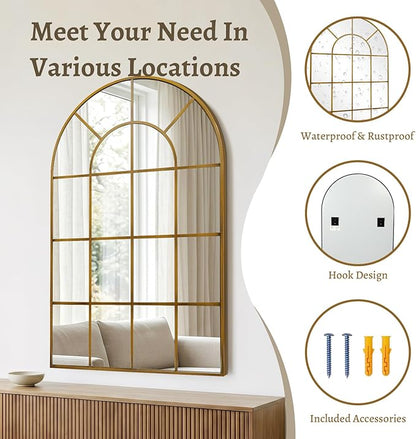 Anpark Arched Windowpane Wall Mirror 30"x40" Bronze Wall Mounted Art Pane Mirror Farmhouse Decorative Mirror Leaning Hanging Wall Mirror for Bedroom Living Room Entrance Hallway Wall Decor