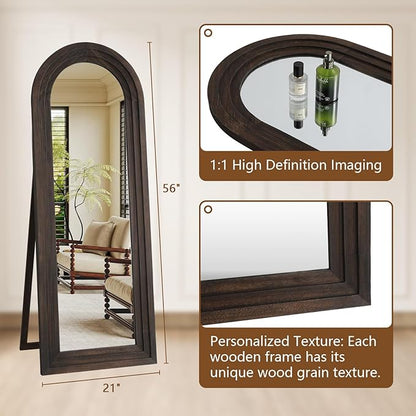 MELOMOIR Arched Full Length Mirror with Solid Wood Frame, 56"x21" Rustic Farmhouse Floor Mirror with Stand, Free Standing Leaning Hanging, for Bedroom Living Room Dressing Room Entryway, Brown