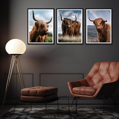 3 Pieces Farmhouse Animals Framed Canvas Wall Art Highland Cow Picture Wall Decor for Country House Modern Cow Portrait Print Artwork for Living Room Decoration Easy to Hand 16x24inchx3pcs