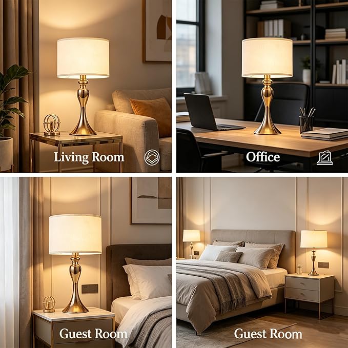 Gold Table lamp Set of 2 mid Century Modern Unique Decorative Cylinder smart end Side Bedside Night Cream dimmable for Bedroom