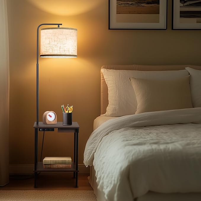 EOEYYOYB Floor Lamp with Table & Drawers, End Table Lamp with USB Charging Portt Power Outlet and Shelves, Side Table Reading Light with 3 Color Temperature Led Bulb Included for Living Room, Walnut
