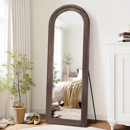 Solid Wood Full Length Mirror - 65"x22" Arched Floor Mirror, Free Standing & Wall Mounted - Elegant Design for Bedroom, Dressing Room, Hallway, Brown