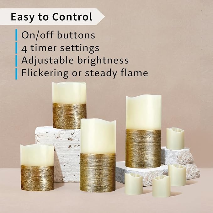 FURORA LIGHTING Gold Real Wax Trim Candles with Remote and Timer, Pack of 8 Pillar & Votive Candles, LED Flameless Flickering Candle for Home Décor, Battery Included