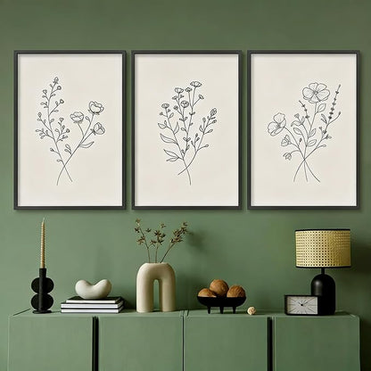 HLUSSBLIEB 3Pcs beige floral art，minimalist botanical line art，modern black and white wall art，Neutral Botanical Floral Wall Art，for Living Room Bedroom Office （16 * 24in） Unframed