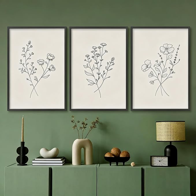 HLUSSBLIEB 3Pcs beige floral art，minimalist botanical line art，modern black and white wall art，Neutral Botanical Floral Wall Art，for Living Room Bedroom Office （12 * 16in） Unframed