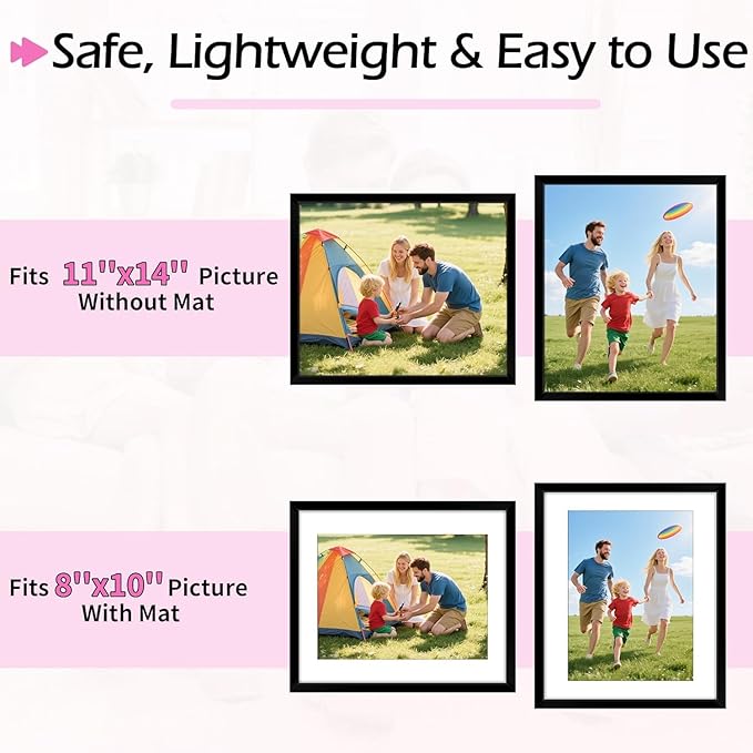 11x14 Picture Frame Set of 8, Black Photo Frames for Gallery Wall Mounting, Display Pictures 8x10 with Mat or 11x14 Without Mat, Poster Frames with Plexiglass for Home Office Decor