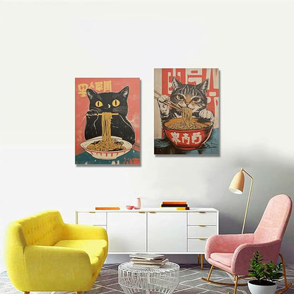 Framed Funny Black Cat Canvas Wall Art Set of 2, Vintage Japanese Cat Eating Ramen Poster, Unique Gifts and Animal Lover Printing Picture for Living Room Kitchen Dining Room Wall Decor 12x16in