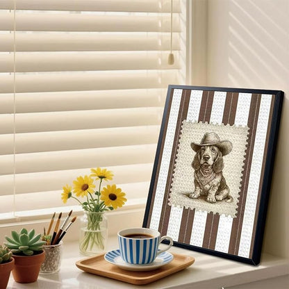 Vintage Cowboy Dog Wall Art, Western Basset Hound Canvas Print, Farm Rustic Country Animal Wall Decor, Southwestern Poster Oil Painting for Living Room Bedroom Nursery Office 12x16 Inch Framed
