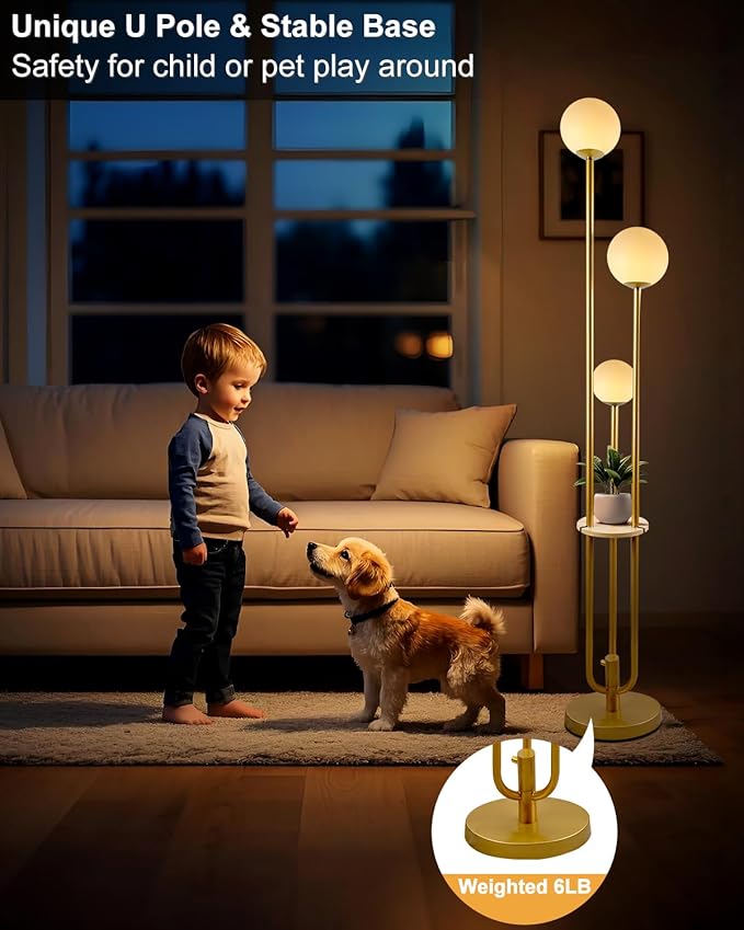 63IN Dimmable Floor Lamp with Shelf, Unique Globe Gold Tall Standing Lamps, 3000K Warmwhite Mid Century Modern Floor Lamp with 5Lbs Heavy Base for Living Room Home Office(Bulbs Included)